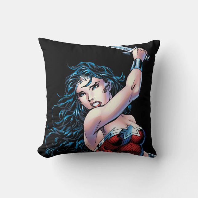 Wonder Woman Swinging Sword Throw Pillow (Front)
