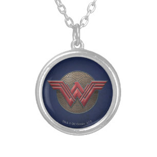 Wonder Woman Symbol Over Concentric Circles Silver Plated Necklace