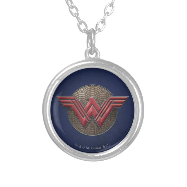 Wonder Woman Symbol Over Concentric Circles Silver Plated Necklace (Front)