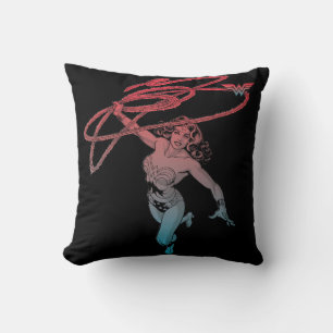 Wonder Woman With Lasso Red Blue Gradient Line Art Throw Pillow