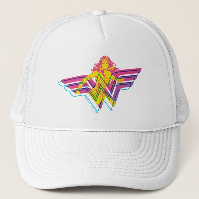 Wonder Woman Yellow-Pink Comic Art Logo Trucker Hat (Front)