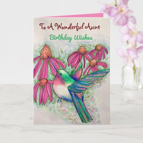 Wonderful Aunt Birthday Hummingbird Coneflowers Card