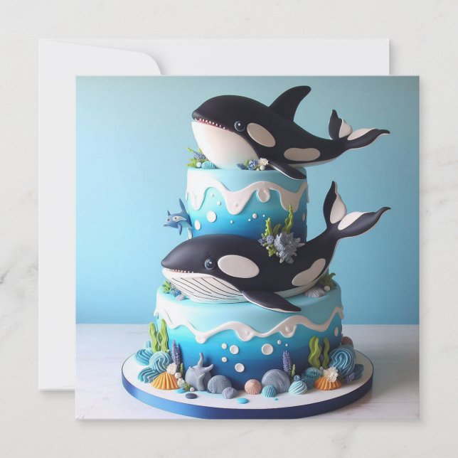 WONDERFUL BLACK & WHITE ORCA WHALE BIRTHDAY CAKE CARD (Front)