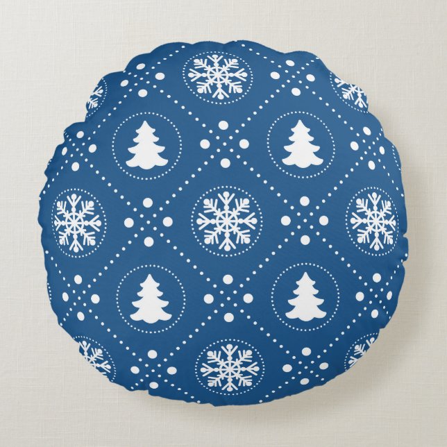 Wonderful Blue White Christmas Pattern Round Pillow (Front)