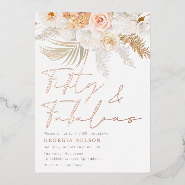 Wonderful Blush Fifty & Fabulous 50th Birthday Foil Invitation (Front)