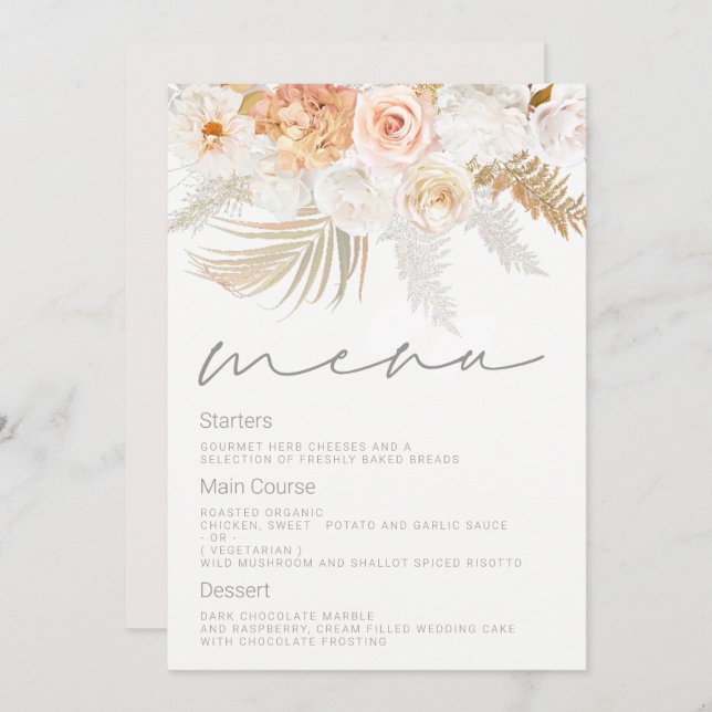 Wonderful Blush, Gold & Ivory Wedding Menu (Front/Back)