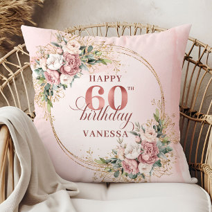 Wonderful Blush Pink Greenery Floral 60th birthday Throw Pillow