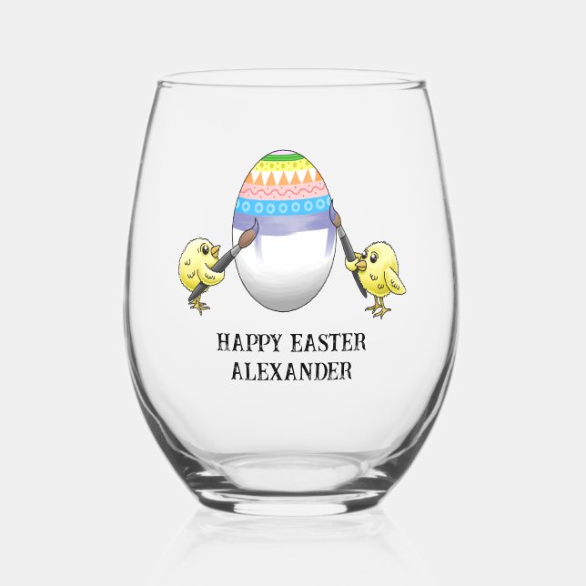 Wonderful chickens paint an Easter egg Stemless Wine Glass (Front)