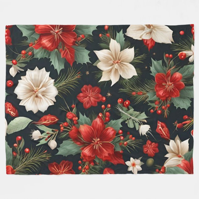Wonderful Christmas Amaryllis, Poinsettia, Holly Fleece Blanket (Front (Horizontal))