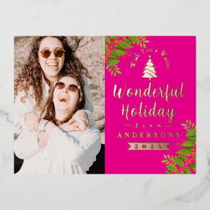 Wonderful Christmas Photo Hot Pink Foil Holiday Postcard