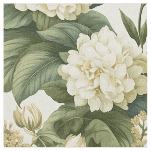 Wonderful classic white olive green floral pattern fabric (Close Up)