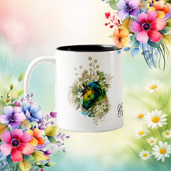 Wonderful Colorful Horse With Flowers Two-tone Coffee Mug by stylishdesign1 at Zazzle