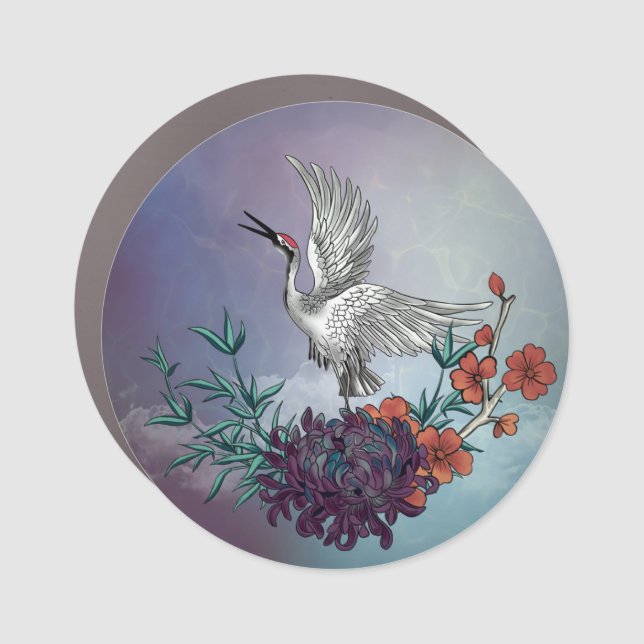 Wonderful crane with flowers car magnet (Front)