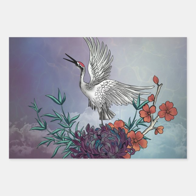 Wonderful crane with flowers wrapping paper sheets (Front)