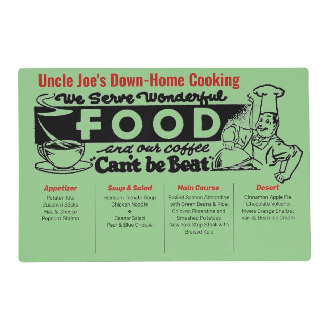 Wonderful Food Kitchen Menu Paper Placemat (Front)