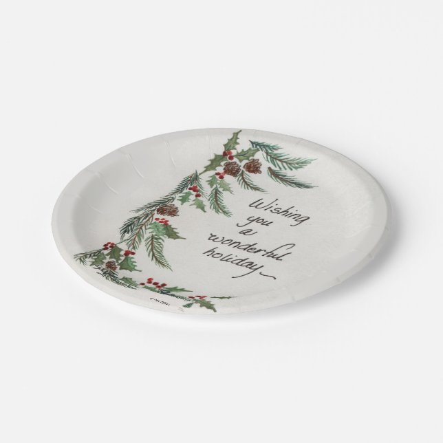"Wonderful Holiday" Wish Green Garland border Paper Plates (Angled)