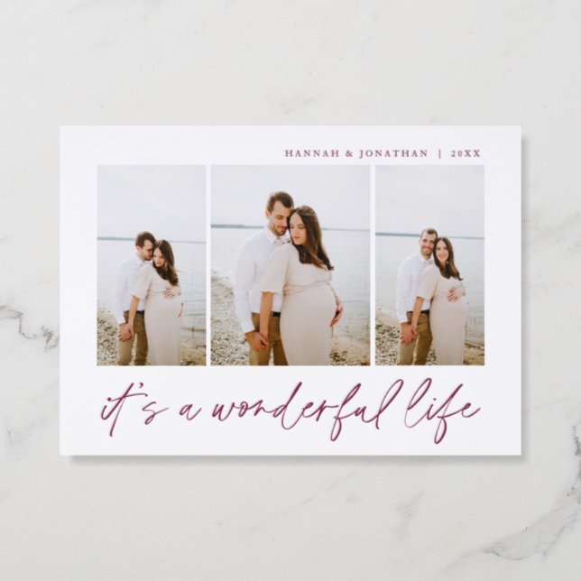 "Wonderful Life" 3-Photo Christmas Letterpress Photo Cards (Front)