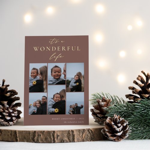 Wonderful Life  6 Photo Collage Christmas Foil Holiday Card