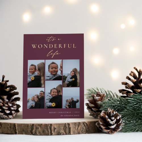 Wonderful Life  6 Photo Collage Christmas Foil Holiday Card