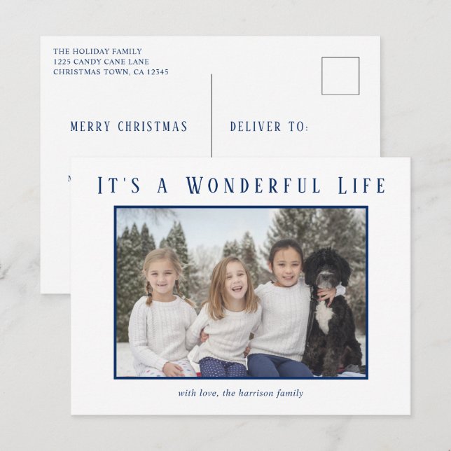 Wonderful Life Blue Photo Modern Christmas Holiday Postcard (Front/Back)