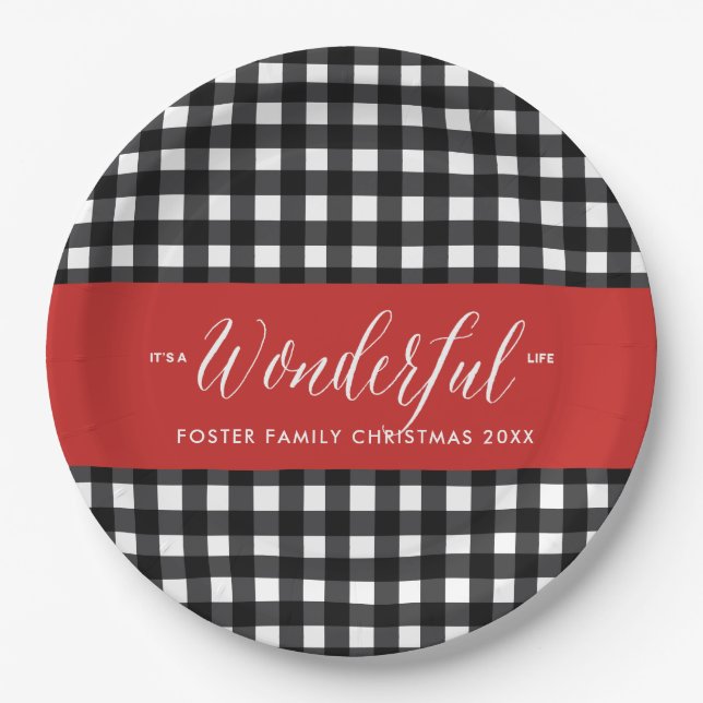 Wonderful Life Buffalo Plaid Christmas Party Paper Plates (Front)