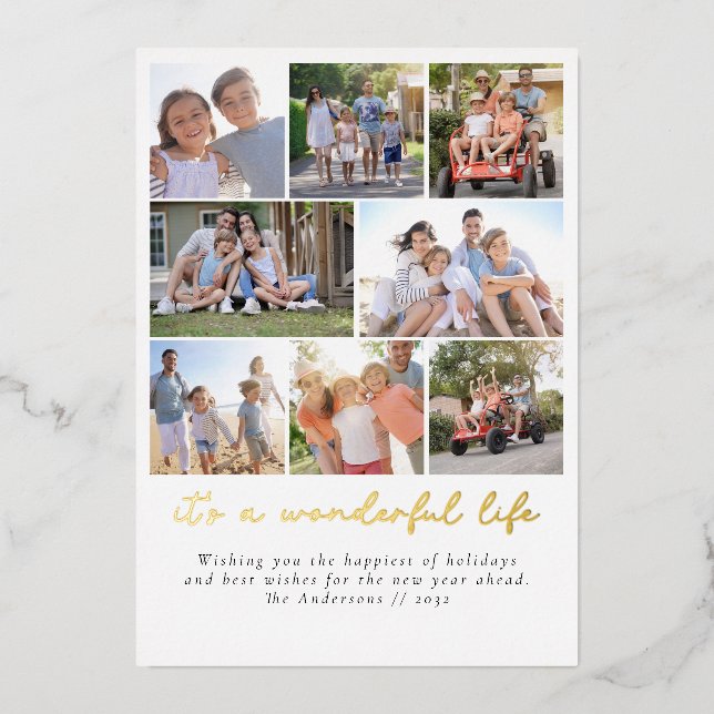 Wonderful Life Photo Collage Christmas Foil Holiday Card (Front)