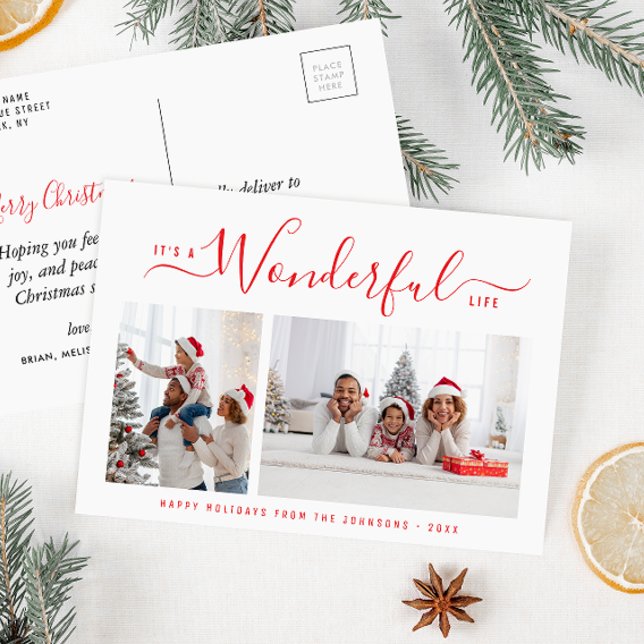 Wonderful life red script christmas postcard (Creator Uploaded)