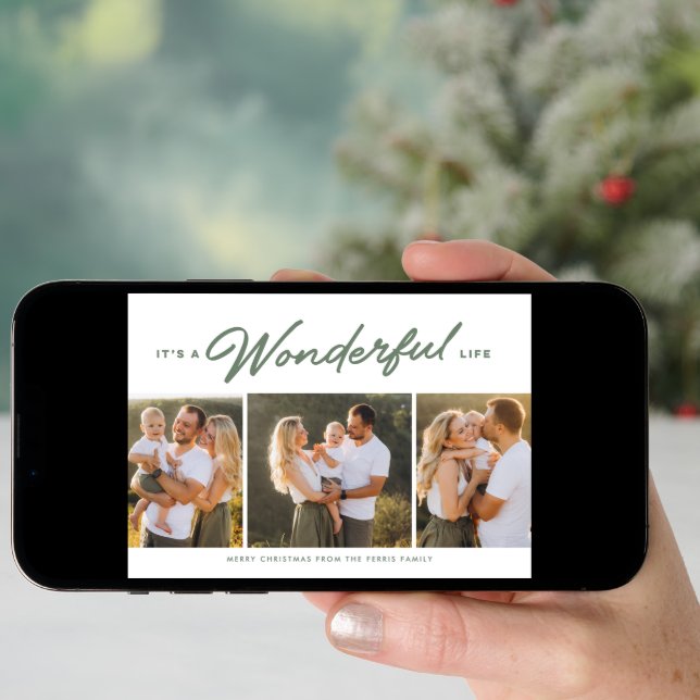 Wonderful life three photo green Christmas Holiday Card (Front Digital)