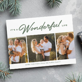 Wonderful life three photo green Christmas Holiday Card