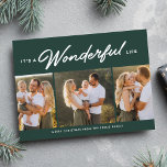 Wonderful life three photo green Christmas  Holiday Card<br><div class="desc">This simple dark green holiday card features a unique "it's a wonderful life" type treatment along with three photos and a custom greeting. The trendy green background color is festive and stylish and coordinates well with a variety of photos. This holiday card is great as a family Christmas card, a...</div>