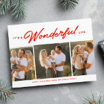 Wonderful life three photo red Christmas Holiday Card<br><div class="desc">This simple red and white holiday card features a unique "it's a wonderful life" type treatment along with three photos and a custom greeting. The red text color is festive and stylish and coordinates well with a variety of photos. This holiday card is great as a family Christmas card, a...</div>