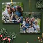 Wonderful life two photo simple Christmas Ceramic Ornament<br><div class="desc">This two photo Christmas ornament features a cute "It's a wonderful life" type treatment in white on the front and custom text on the back. Share a favorite memory from the year with this custom photo ornament that features the one large photo on the front and one large photo on...</div>