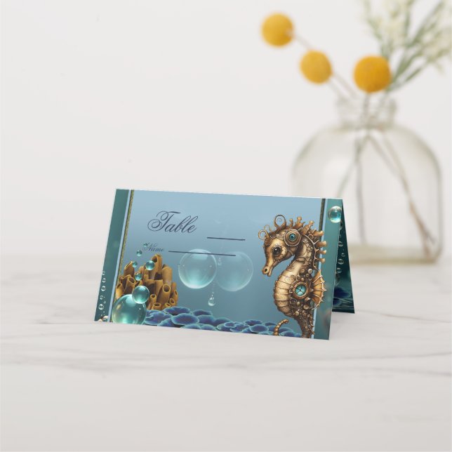 Wonderful little steampunk seahorse place card (Front)