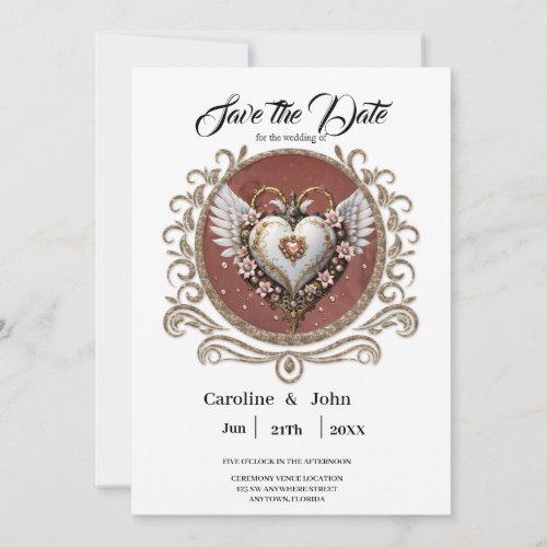 Wonderful noble  steampunk heart with wings save the date