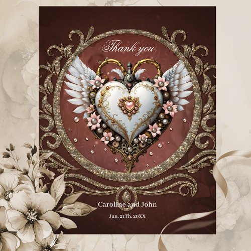 Wonderful noble  steampunk heart with wings thank you card