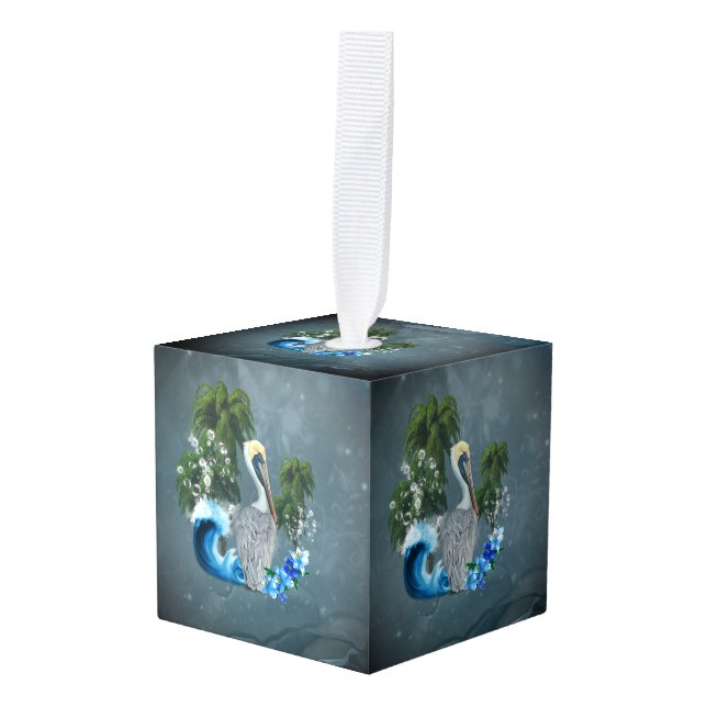Wonderful pelican with wave and palm trees cube ornament (Front Angled)