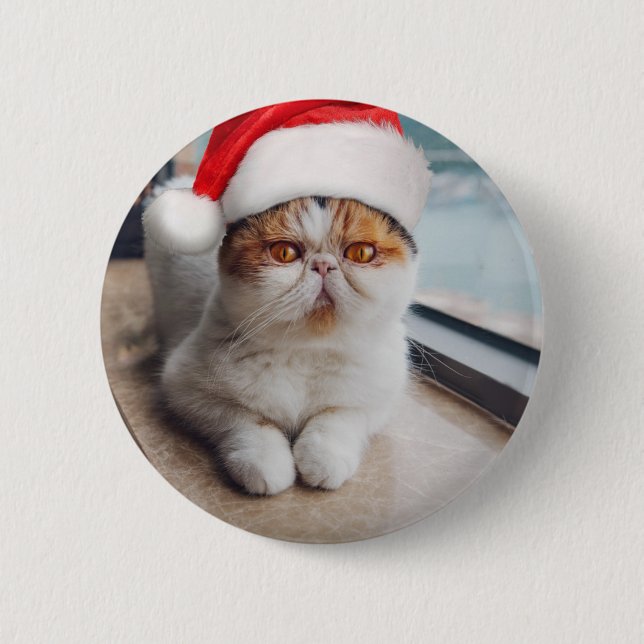Wonderful persian cat with Santa Claus hat Button (Front)