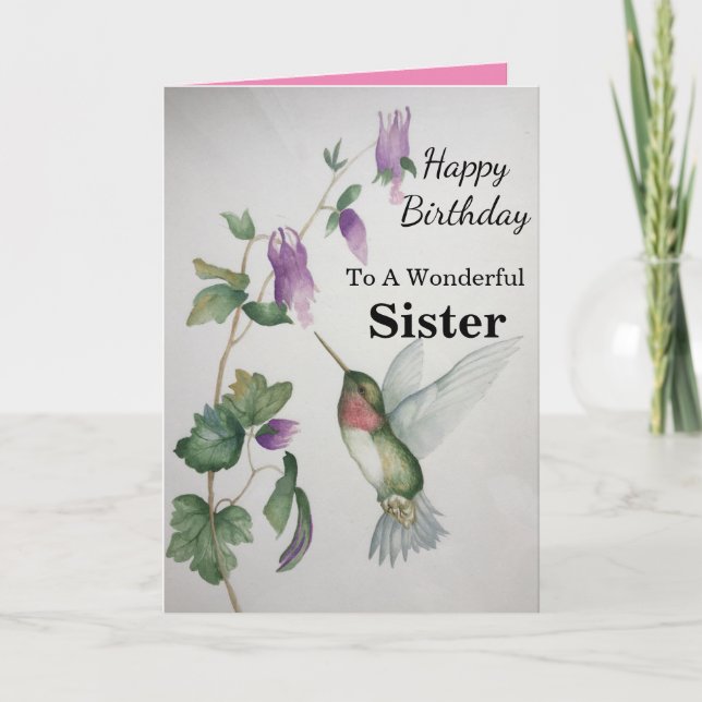 Wonderful Sister Birthday Hummingbird Garden Card (Front)