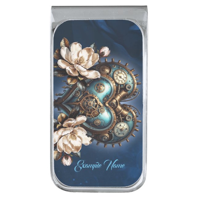 Wonderful steampunk heart  silver finish money clip (Front Vertical)