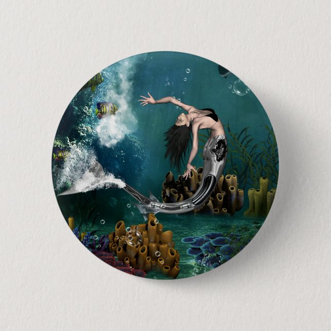 Wonderful steampunk mermaid button (Front)