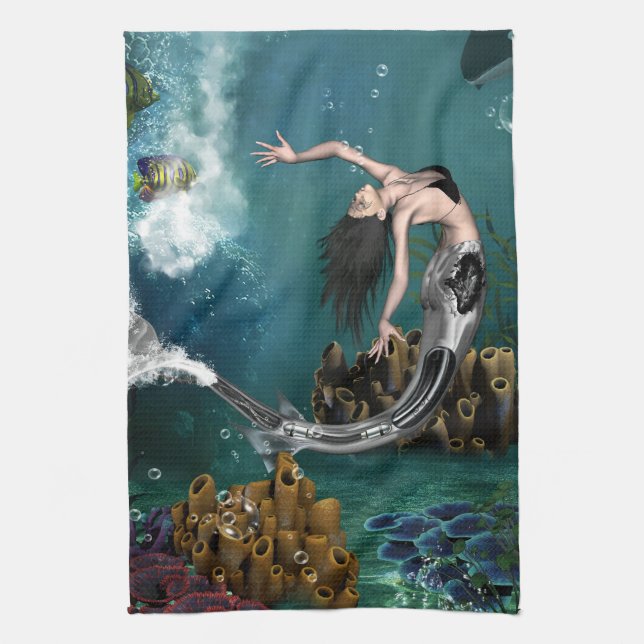 Wonderful steampunk mermaid kitchen towel (Vertical)