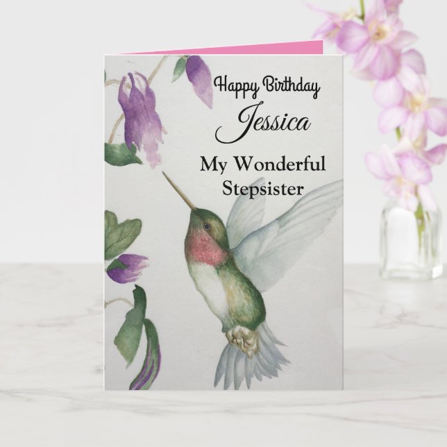 Wonderful Stepsister Happy Birthday Hummingbird Card (Orchid)