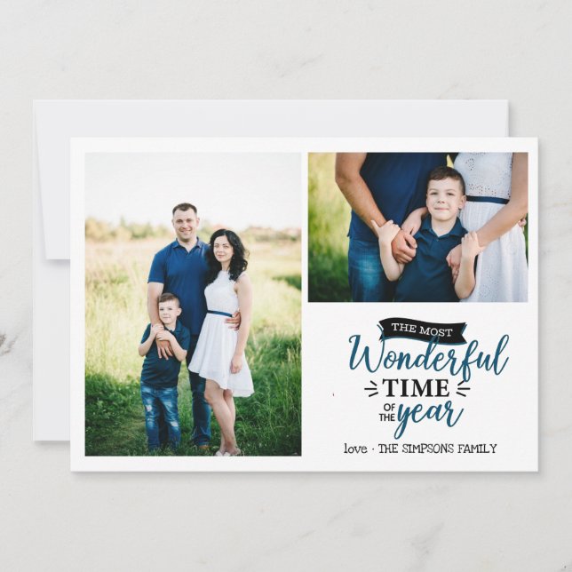 Wonderful time Blue  plaid Holiday 2 photo collage Card (Front)