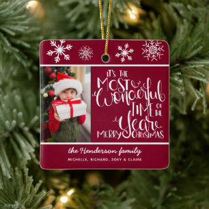 Wonderful Time & Merry Christmas Photo Burgundy Ceramic Ornament