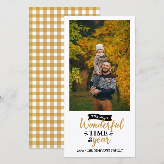 Wonderful time Mustard Gingham Holiday Photo Card (Front/Back)