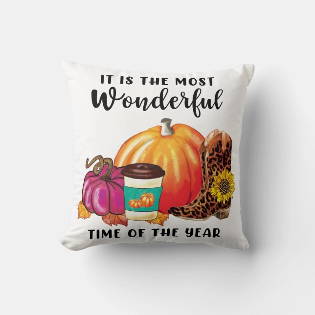 Wonderful Time Of The Year Autumn Pumpkin Quote Throw Pillow (Front)
