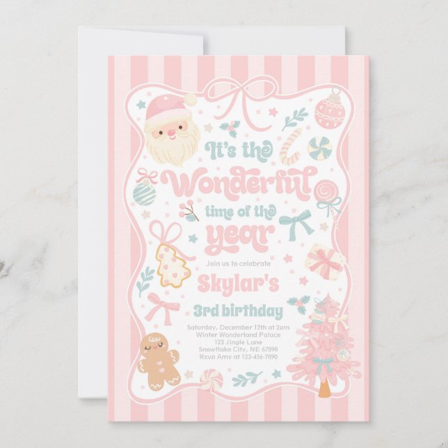 Wonderful Time Of The Year Christmas Bow Birthday Invitation (Front)