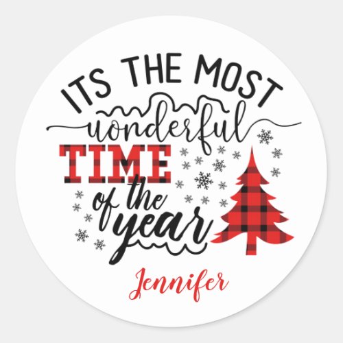Wonderful Time of the Year Plaid Christmas Tree  Classic Round Sticker