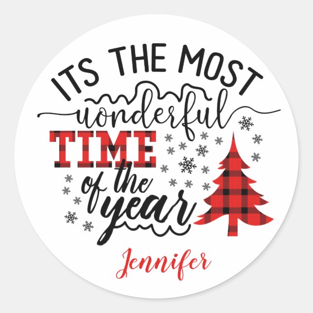 Wonderful Time of the Year Plaid Christmas Tree  Classic Round Sticker (Front)