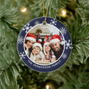 Wonderful Time Of Year Custom Photo Navy Snowflake Ceramic Ornament